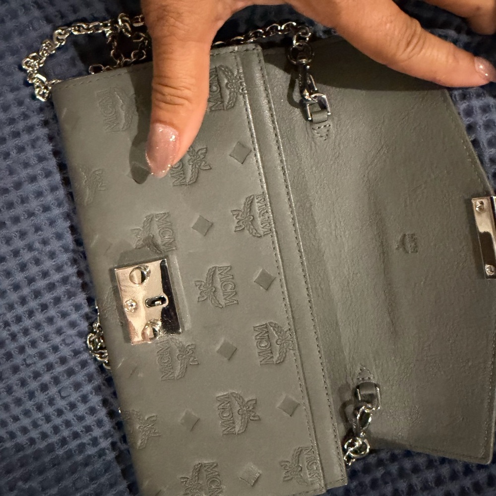 MCM Embossed Gray Leather Clutch - Picture 7 of 9